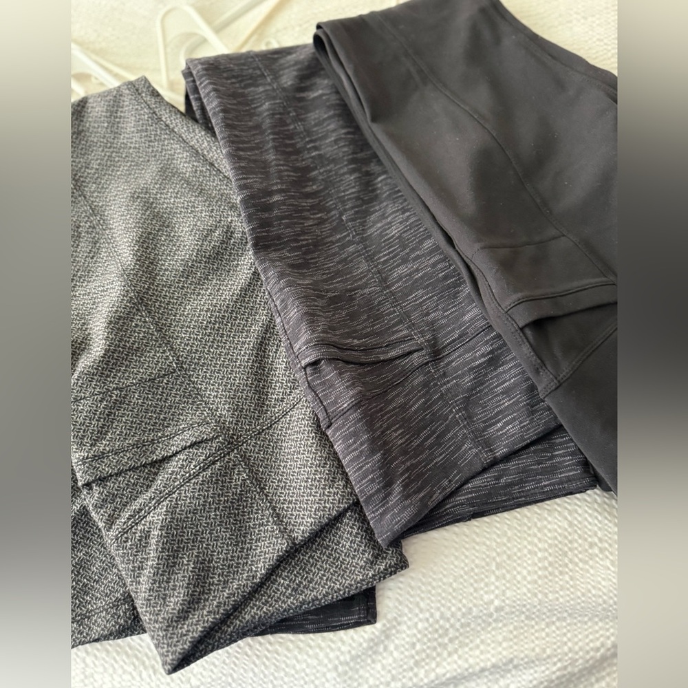 3 pair ATHLETA leggings in black, charcoal tweed and heather charcoal LIKE NEW!